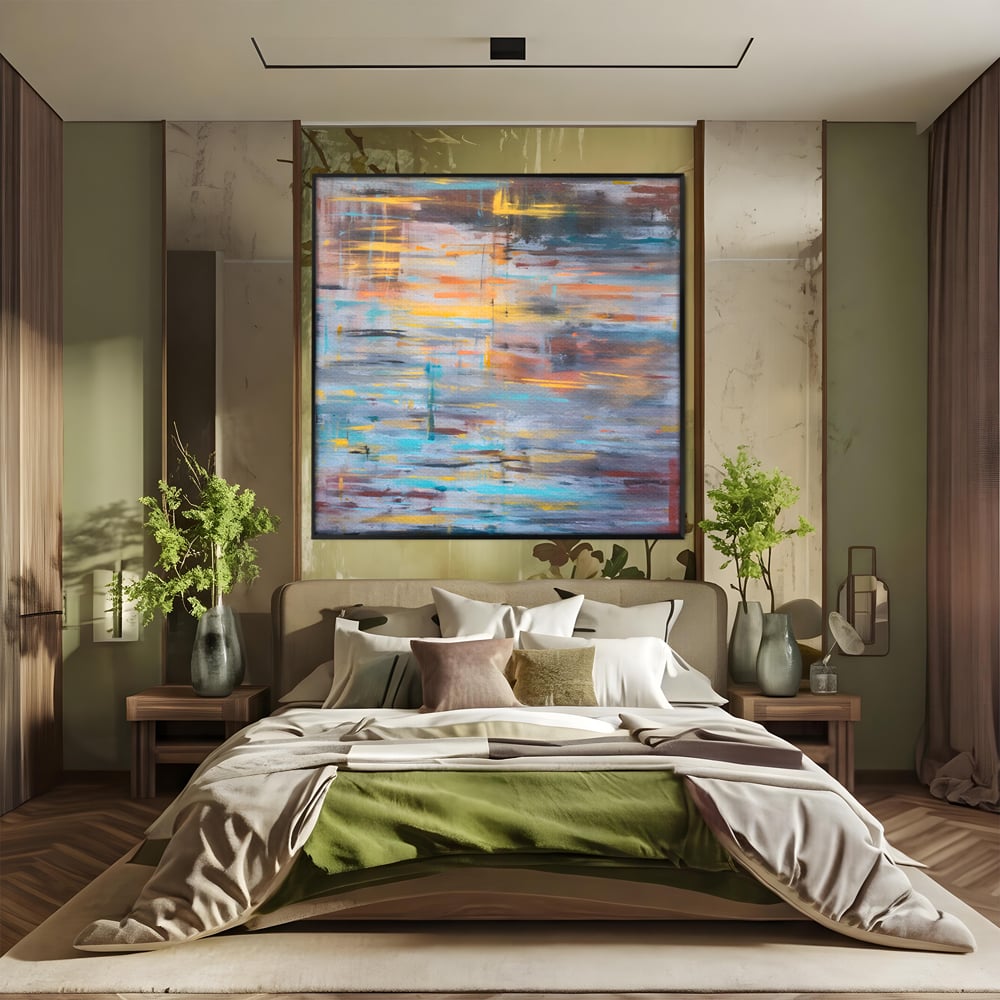 Tablou canvas cu tablou canvas cu reflexii pe apa, in rama de aluminiu negru, pe perete intr-un dormitor